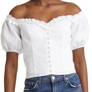 NWT Reformation Kaden Puff Sleeve Off the Shoulder Linen Crop Top